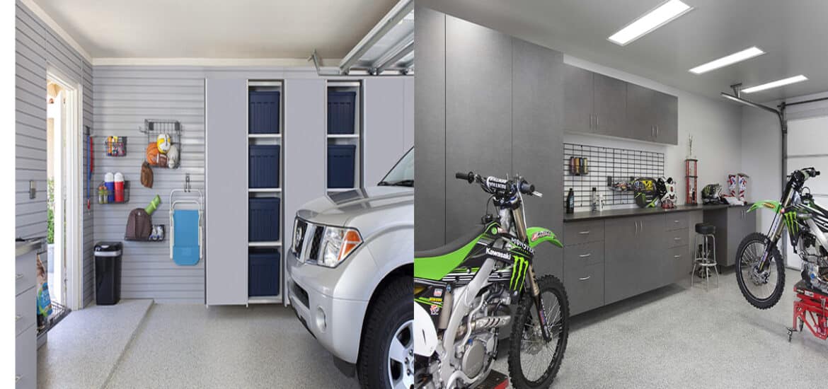 Modern and minimal closet designs for garage. Custom organization system for garages.