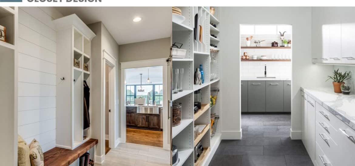 Custom and modern storage for mudroom and kitchen area. Complete Closet Design storage solutions.