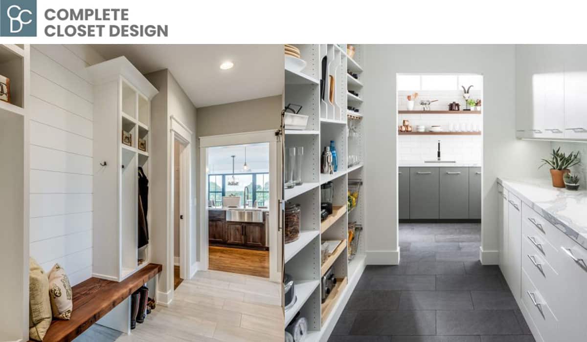 Custom and modern storage for mudroom and kitchen area. Complete Closet Design storage solutions.