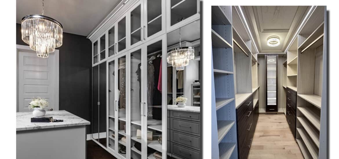 Walk-in closets with modern and custom closet design.