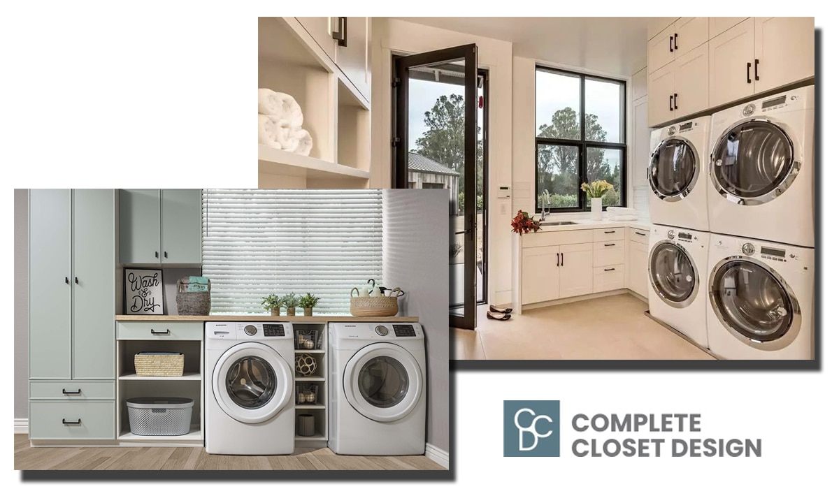 Clean laundry sorting system with custom laundry room organizers.