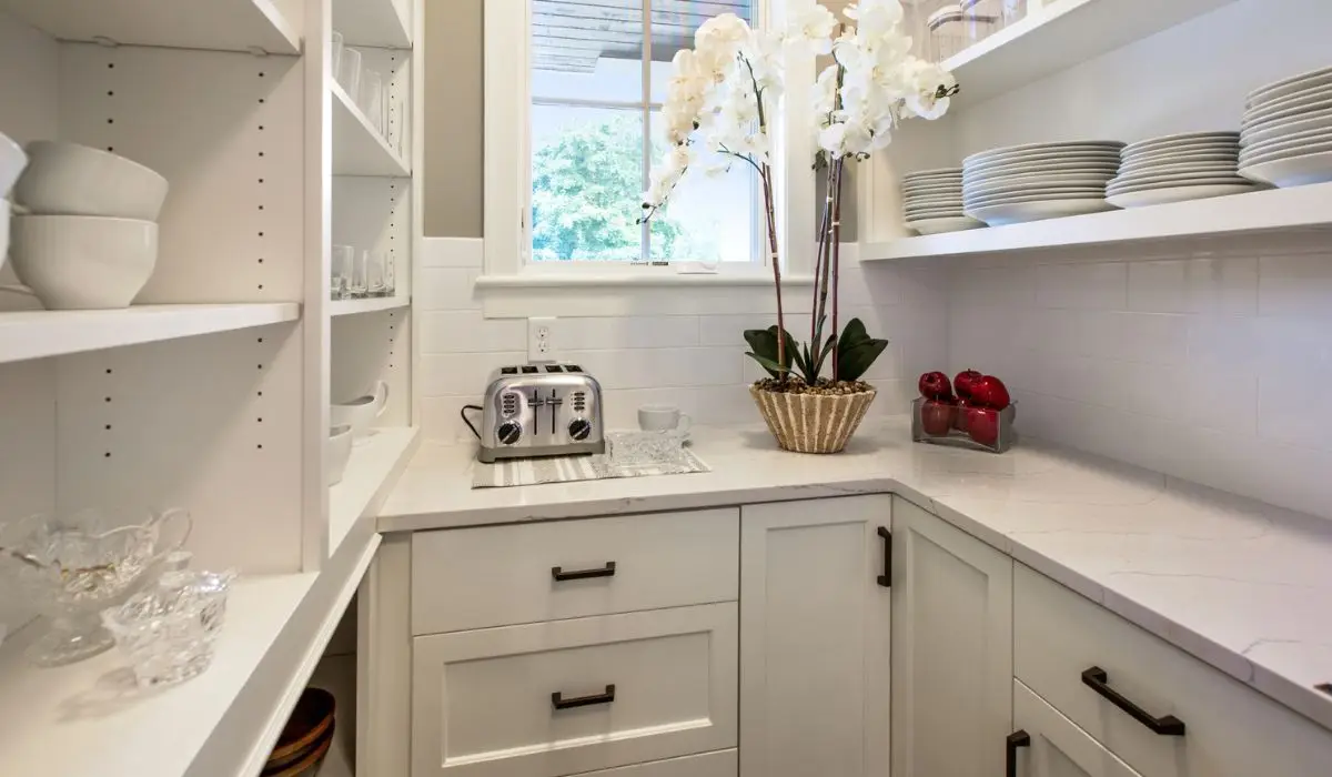 A white kitchen pantry and cabinet shelves with white plates and bowls