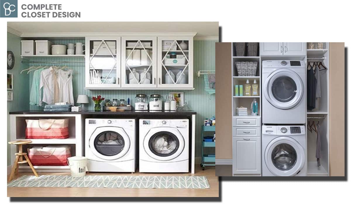 Modern-day laundry rooms with washing machines and dryers and laundry room cabinets.