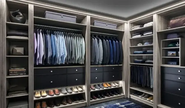 Modern reach-in closet design for organization.