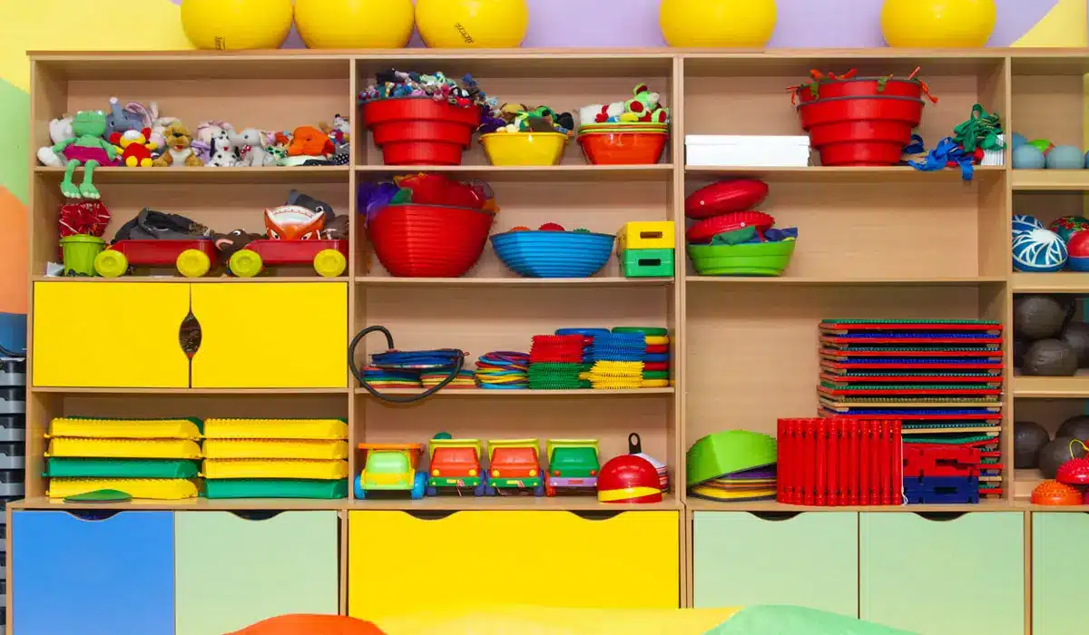 Clean toy storage shelves for fun playrooms for kids.